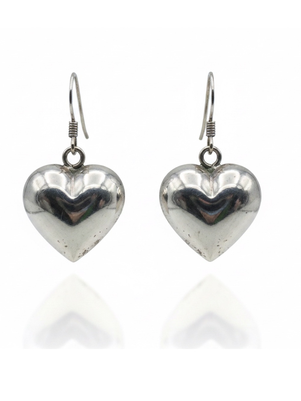 Vintage 925 Sterling Silver Puffy Heart Dangle Earrings Premium 95.7% Purity
